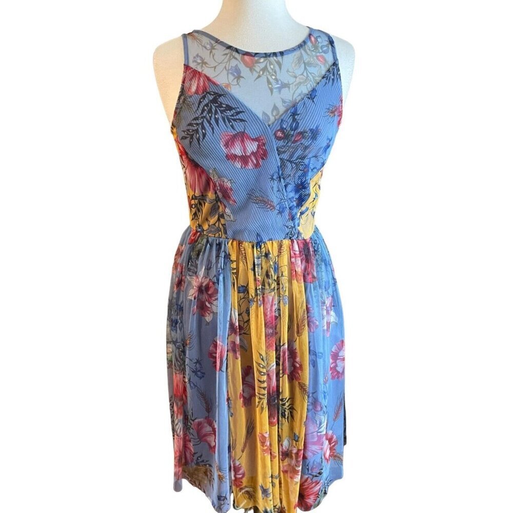 Candalite Tea Length Dress Size Small Floral Print Sheer Overlay Blue Me…